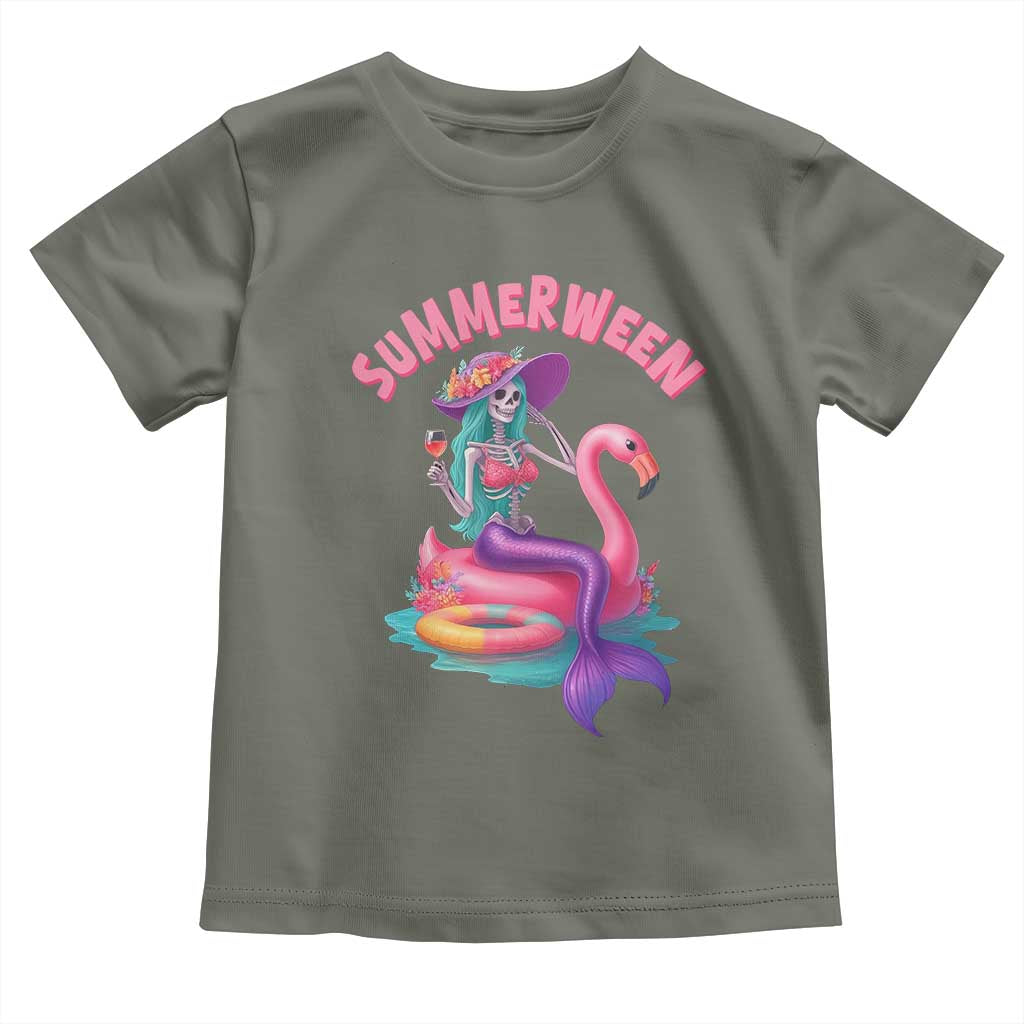 Summerween Mermaid Skeleton Toddler T Shirt Beach Flamingo Halloween Girl TS10 Military Green Print Your Wear