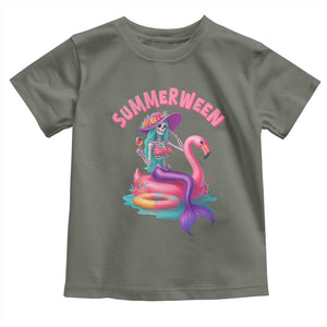 Summerween Mermaid Skeleton Toddler T Shirt Beach Flamingo Halloween Girl TS10 Military Green Print Your Wear