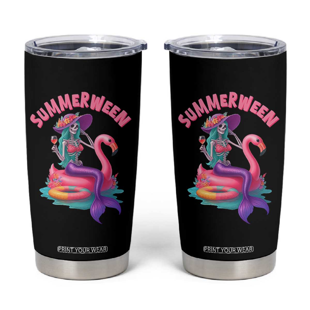Summerween Mermaid Skeleton Tumbler Cup Beach Flamingo Halloween Girl TS10 Black Print Your Wear