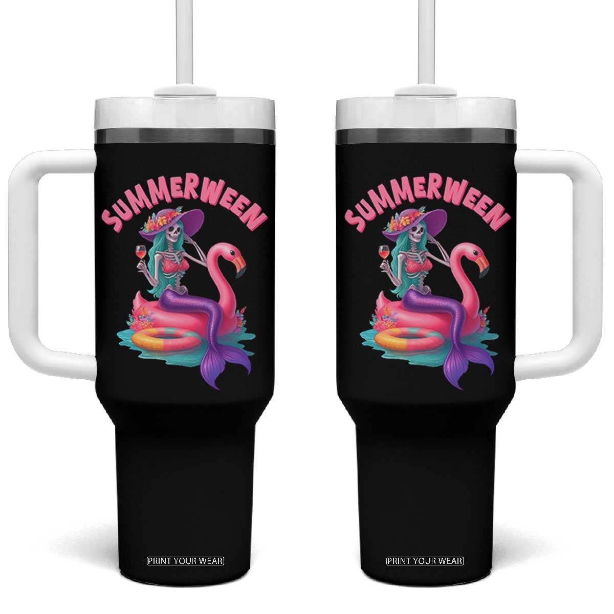 Summerween Mermaid Skeleton Tumbler With Handle Beach Flamingo Halloween Girl TS10 One Size: 40 oz Black Print Your Wear