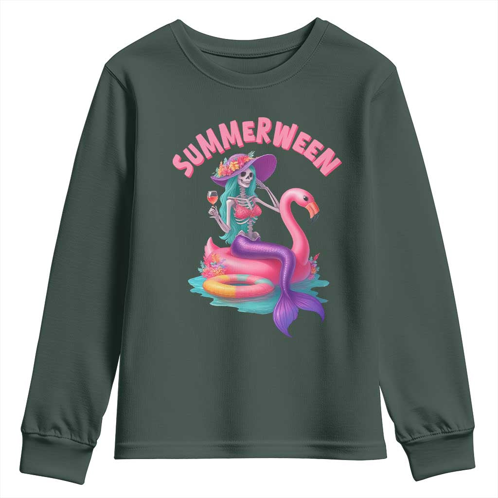Summerween Mermaid Skeleton Youth Sweatshirt Beach Flamingo Halloween Girl TS10 Dark Forest Green Print Your Wear