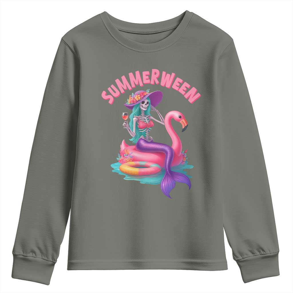 Summerween Mermaid Skeleton Youth Sweatshirt Beach Flamingo Halloween Girl TS10 Military Green Print Your Wear
