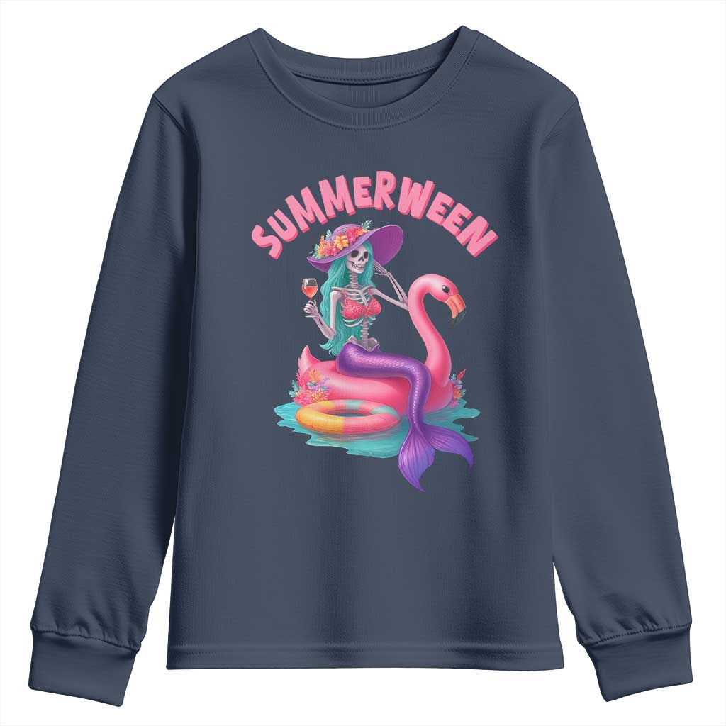 Summerween Mermaid Skeleton Youth Sweatshirt Beach Flamingo Halloween Girl TS10 Navy Print Your Wear