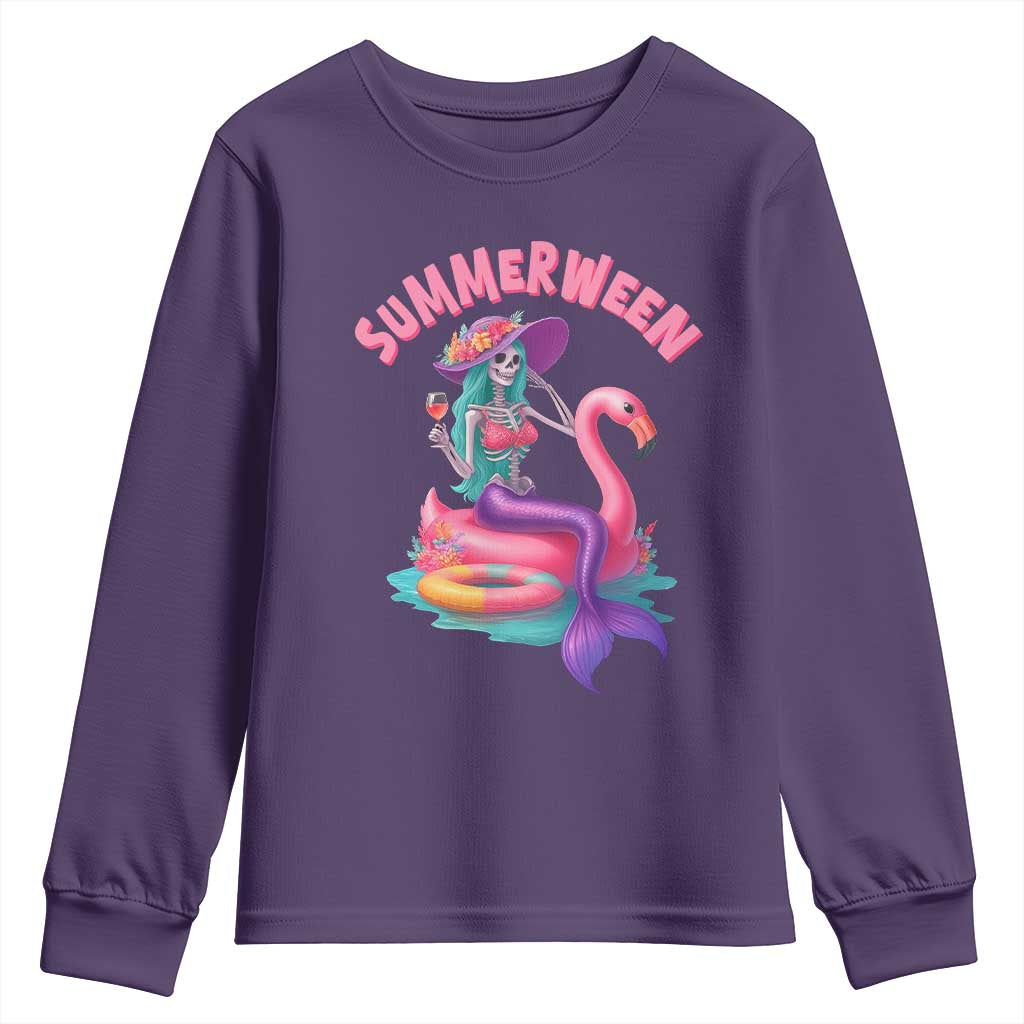 Summerween Mermaid Skeleton Youth Sweatshirt Beach Flamingo Halloween Girl TS10 Purple Print Your Wear