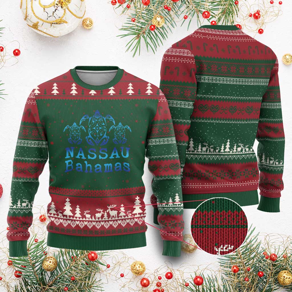 Nassau Souvenir Ugly Christmas Sweater Sea Turtle Bahamas Beach Vacation TS10 Red Green Print Your Wear
