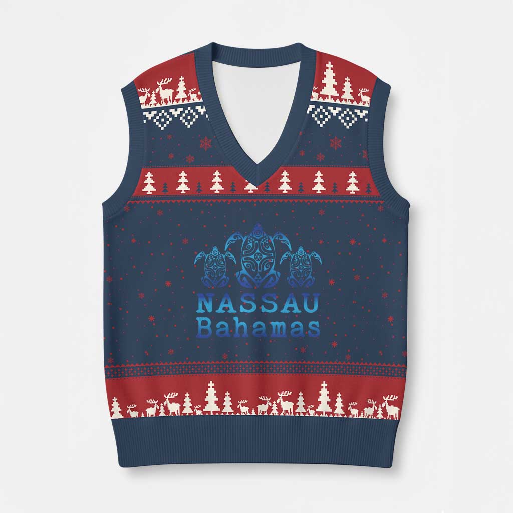 Nassau Souvenir V-Neck Knit Sweater Vest Sea Turtle Bahamas Beach Vacation TS10 Navy Red Print Your Wear