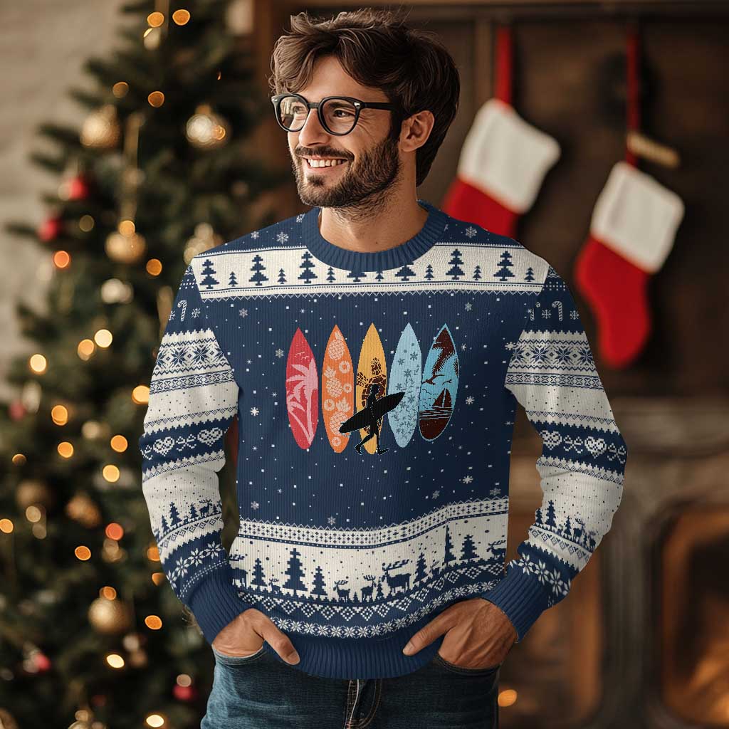 Surfboarder Ugly Christmas Sweater Hawaii Wave Surfing Surfboard Lover Beach Surfer TS10 Navy Beige Print Your Wear