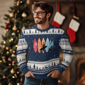 Surfboarder Ugly Christmas Sweater Hawaii Wave Surfing Surfboard Lover Beach Surfer TS10 Navy Beige Print Your Wear