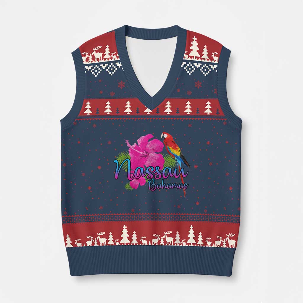 Nassau Souvenir V-Neck Knit Sweater Vest Caribbean Bahamas Beach Vacation TS10 Navy Red Print Your Wear