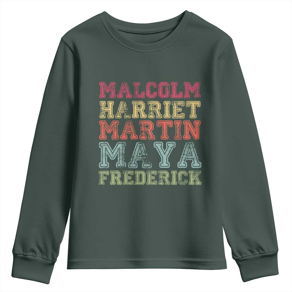 Black History Month Youth Sweatshirt Malcolm Harriet Martin Maya Frederick Civil Right Leaders TS10 Dark Forest Green Print Your Wear
