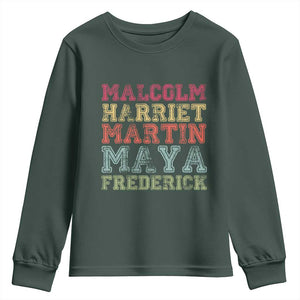 Black History Month Youth Sweatshirt Malcolm Harriet Martin Maya Frederick Civil Right Leaders TS10 Dark Forest Green Print Your Wear