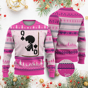 Black Queen Ugly Christmas Sweater Black History Month Afro Woman Poker Card Games TS10 Hot Pink Print Your Wear