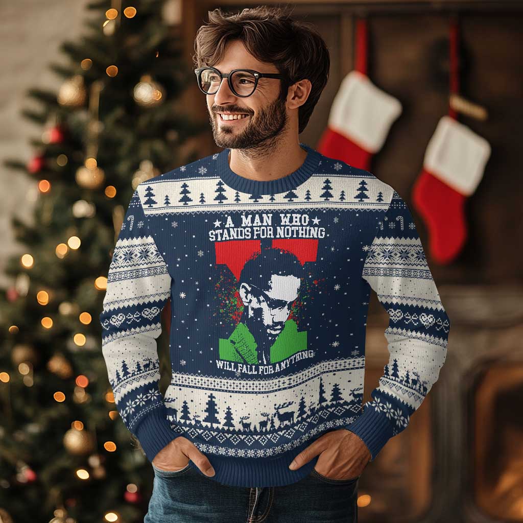 Malcolm X Quote Ugly Christmas Sweater Retro A Man Who Stands for Nothing Black History TS10 Navy Beige Print Your Wear