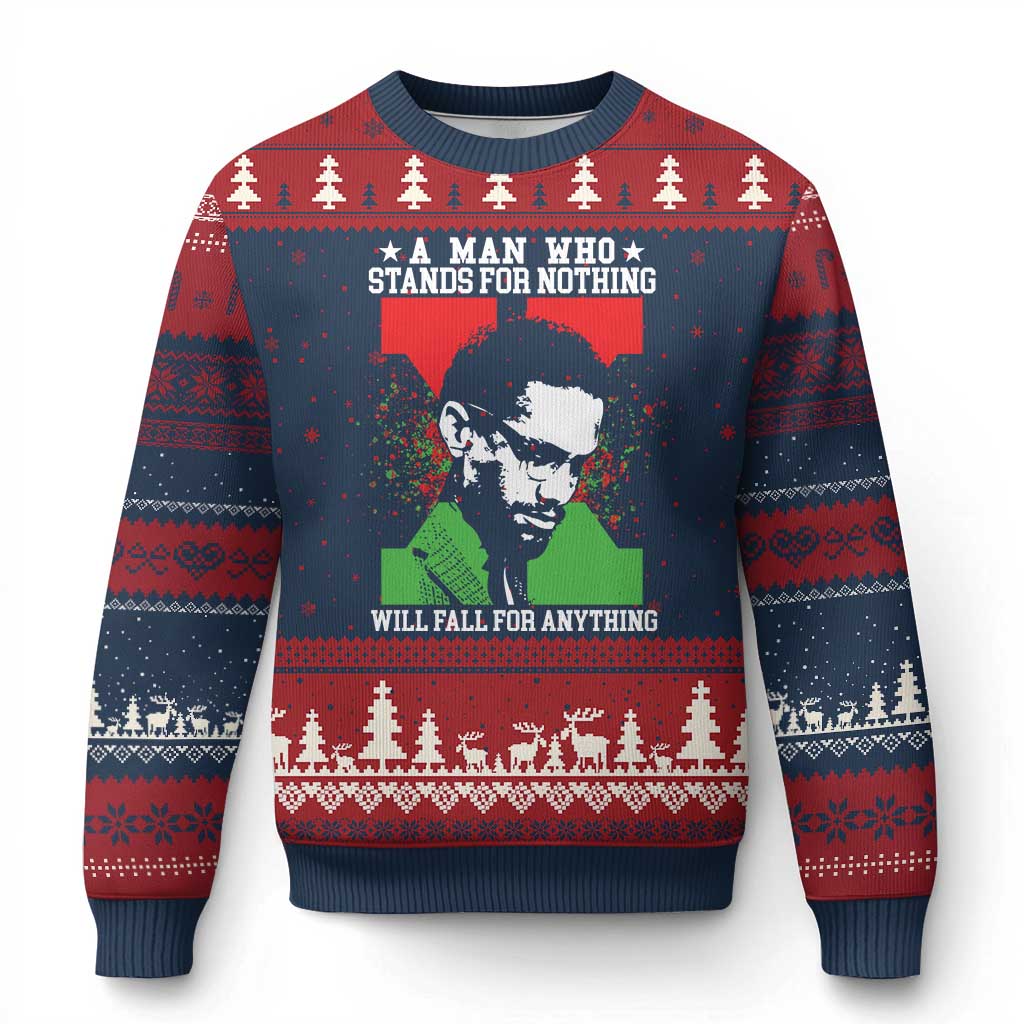 Malcolm X Quote Ugly Christmas Sweater Retro A Man Who Stands for Nothing Black History TS10 Navy Red Print Your Wear