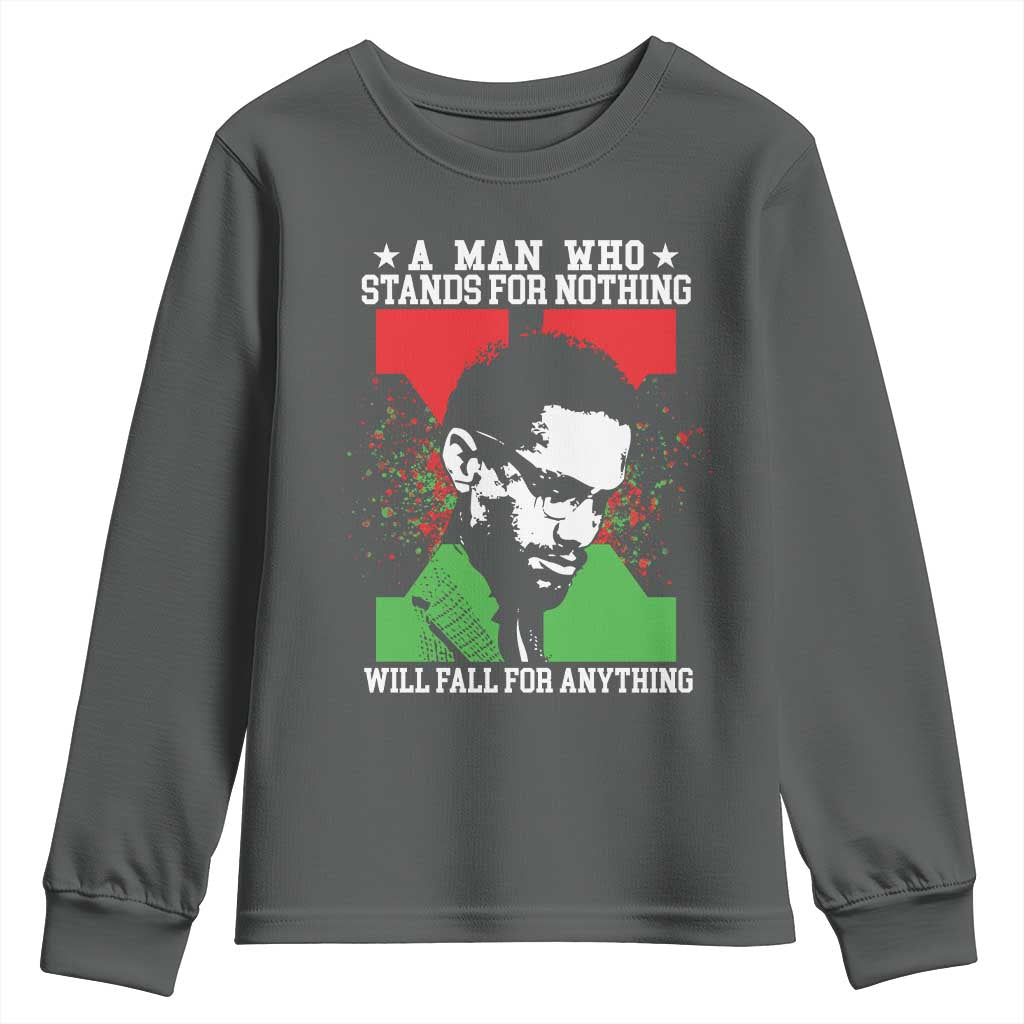 Malcolm X Quote Youth Sweatshirt Retro A Man Who Stands for Nothing Black History TS10 Dark Heather Print Your Wear