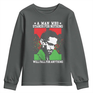 Malcolm X Quote Youth Sweatshirt Retro A Man Who Stands for Nothing Black History TS10 Dark Heather Print Your Wear