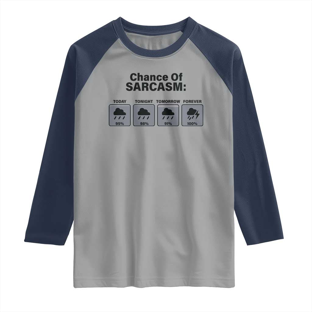 Funny Sarcastic Raglan Shirt Chance Of Sarcasm Forecast Weather TS10 Sport Gray Navy Print Your Wear