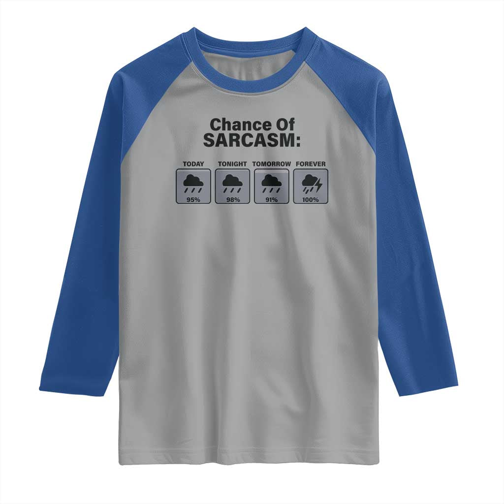 Funny Sarcastic Raglan Shirt Chance Of Sarcasm Forecast Weather TS10 Sport Gray Royal Print Your Wear