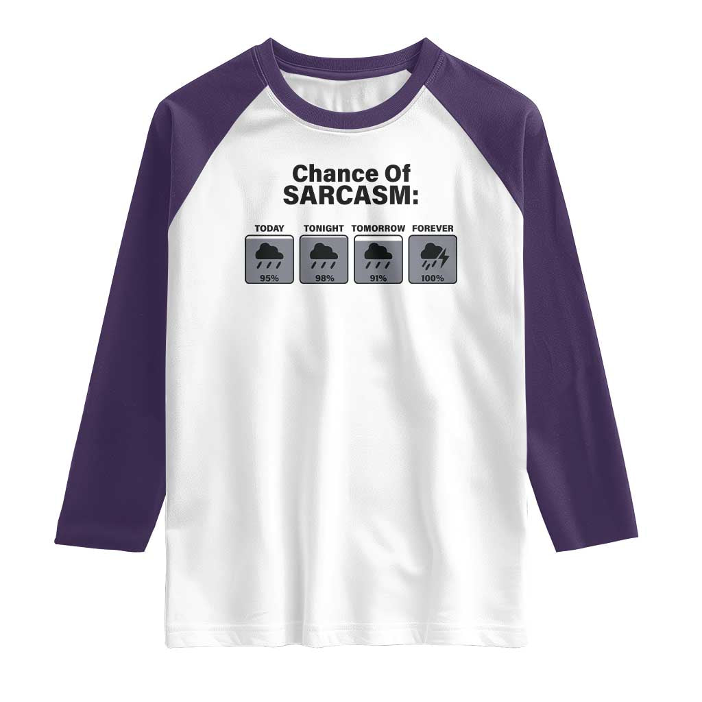 Funny Sarcastic Raglan Shirt Chance Of Sarcasm Forecast Weather TS10 White Purple Print Your Wear