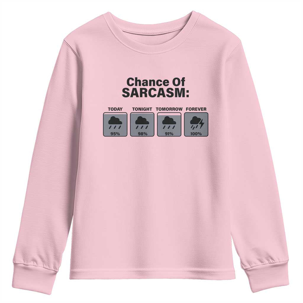 Funny Sarcastic Youth Sweatshirt Chance Of Sarcasm Forecast Weather TS10 Light Pink Print Your Wear