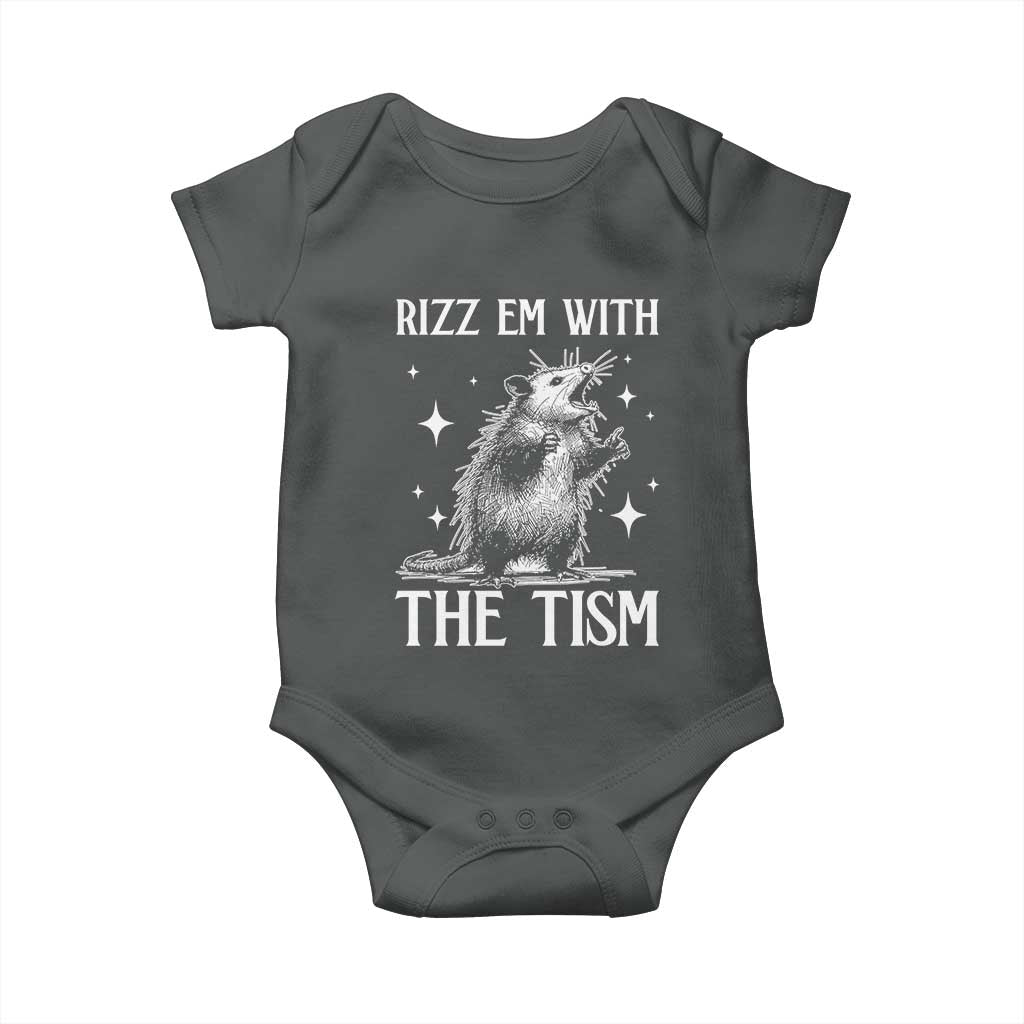 Funny Autism Opossum Baby Onesie Rizz Em With The Tism Meme Autistic ASD TS10 Dark Heather Print Your Wear