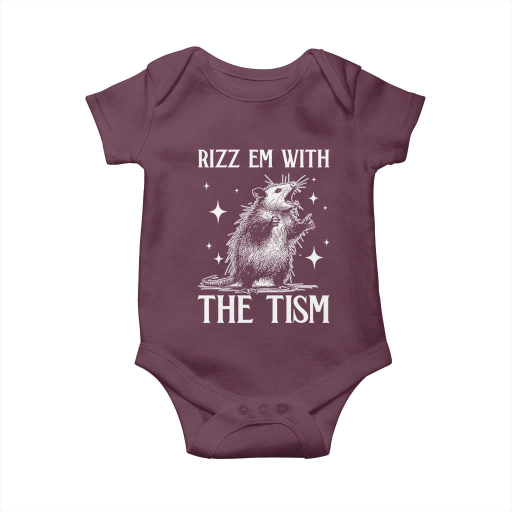 Funny Autism Opossum Baby Onesie Rizz Em With The Tism Meme Autistic ASD TS10 Maroon Print Your Wear