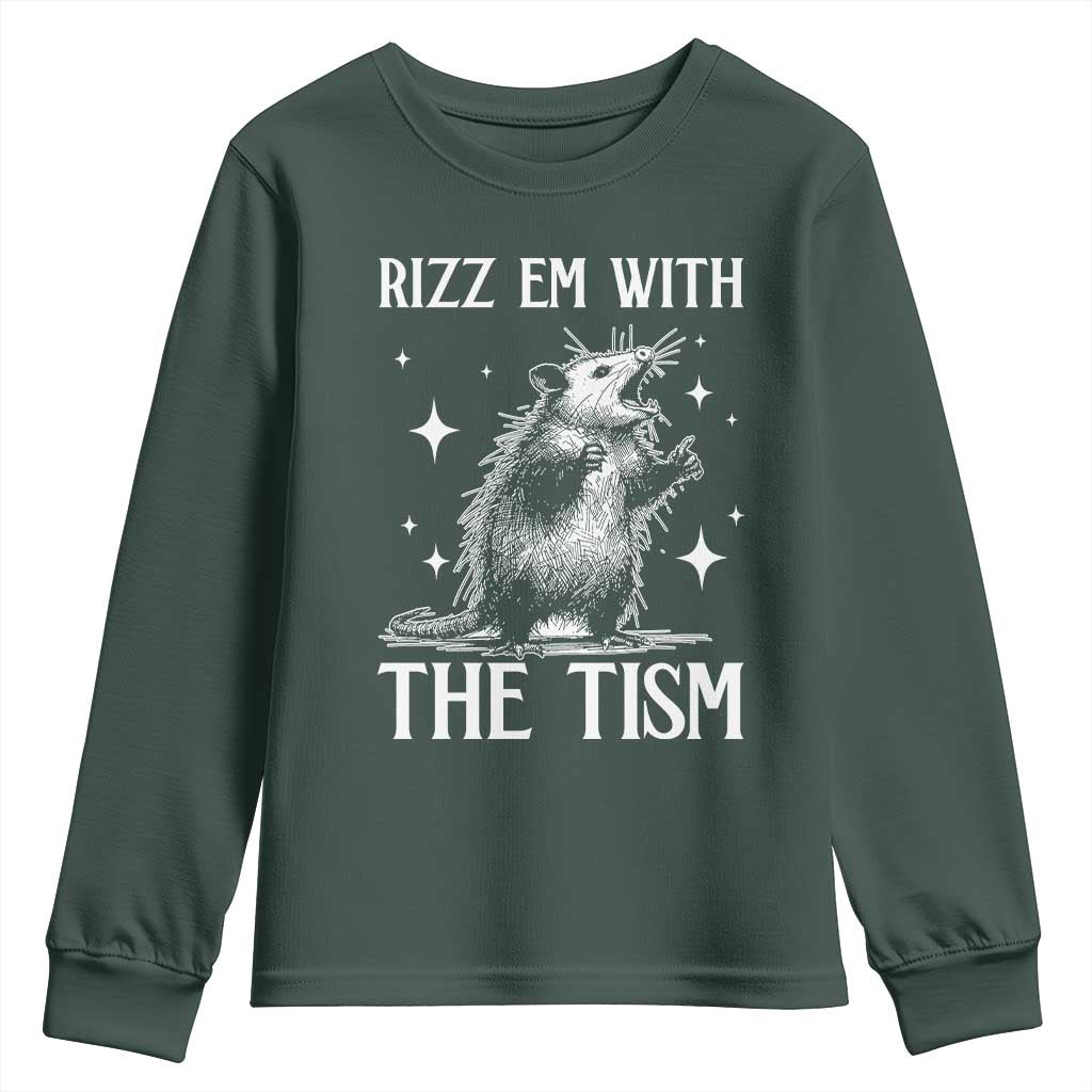 Funny Autism Opossum Youth Sweatshirt Rizz Em With The Tism Meme Autistic ASD TS10 Dark Forest Green Print Your Wear