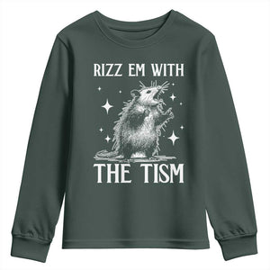 Funny Autism Opossum Youth Sweatshirt Rizz Em With The Tism Meme Autistic ASD TS10 Dark Forest Green Print Your Wear