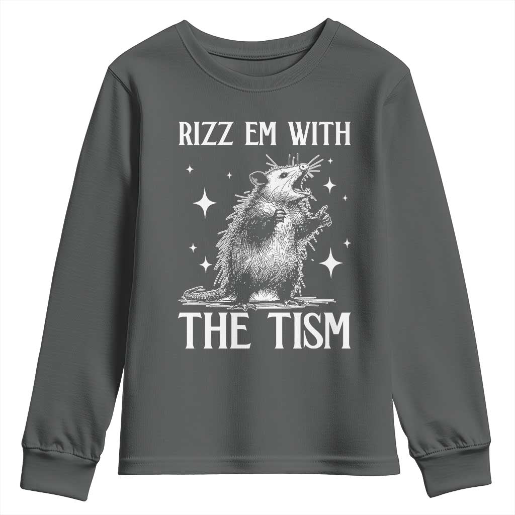 Funny Autism Opossum Youth Sweatshirt Rizz Em With The Tism Meme Autistic ASD TS10 Dark Heather Print Your Wear