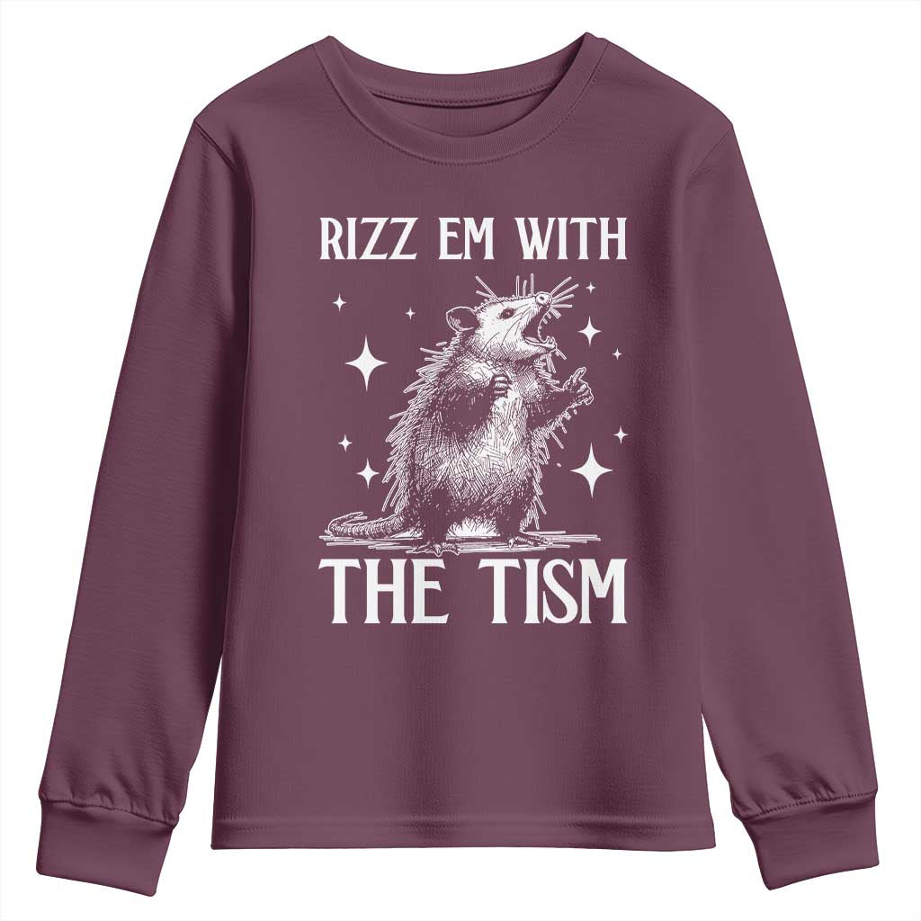 Funny Autism Opossum Youth Sweatshirt Rizz Em With The Tism Meme Autistic ASD TS10 Maroon Print Your Wear