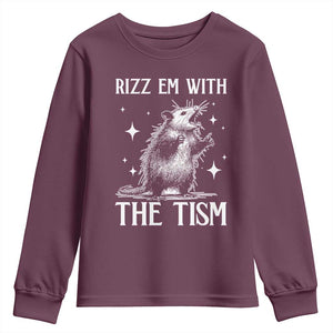 Funny Autism Opossum Youth Sweatshirt Rizz Em With The Tism Meme Autistic ASD TS10 Maroon Print Your Wear