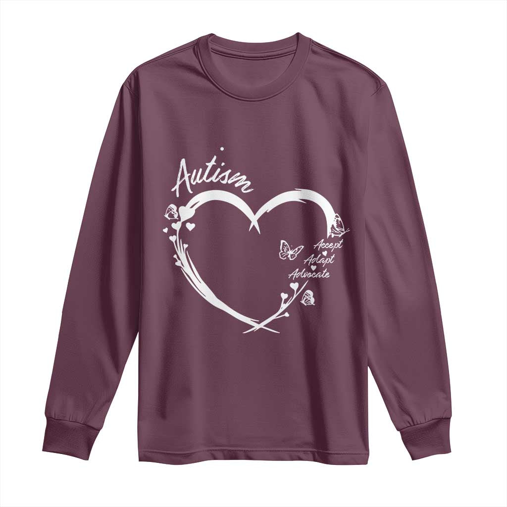 Autism Awareness Adaptation Long Sleeve Shirt Accept Adapt Advocate Love Heart TS10 Maroon Print Your Wear