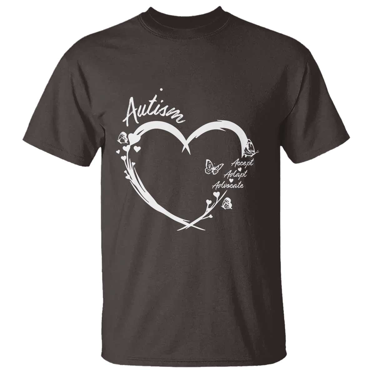 Autism Awareness Adaptation T Shirt Accept Adapt Advocate Love Heart TS10 Dark Chocolate Print Your Wear