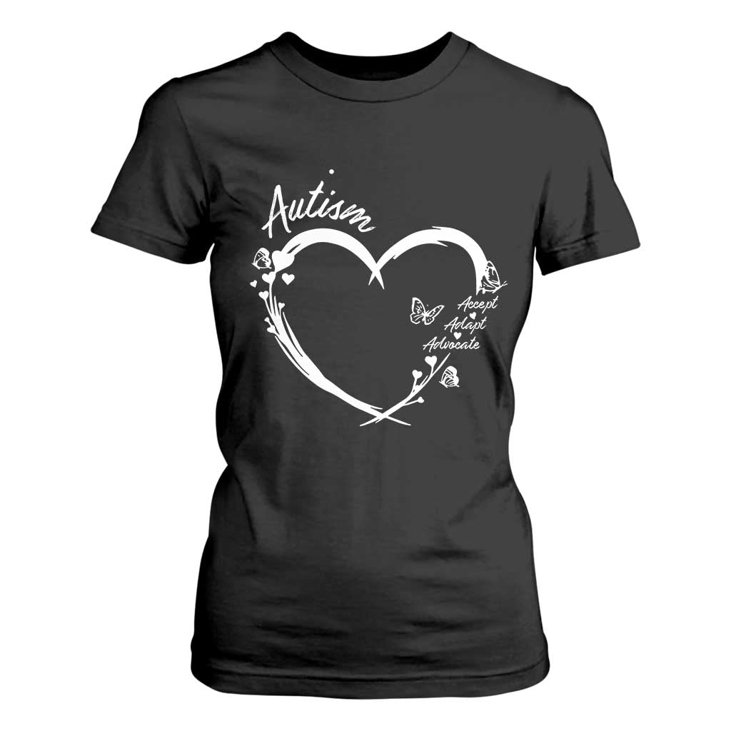 Autism Awareness Adaptation T Shirt For Women Accept Adapt Advocate Love Heart TS10 Black Print Your Wear