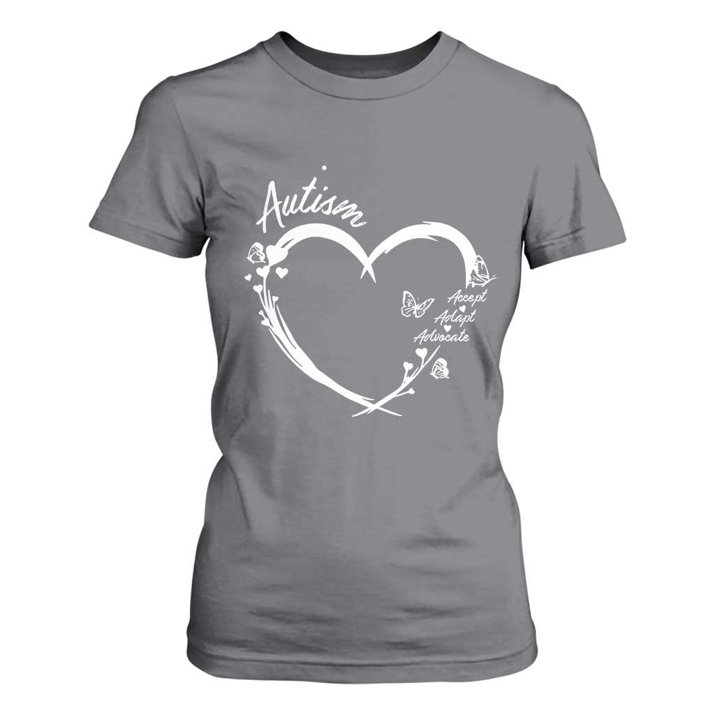 Autism Awareness Adaptation T Shirt For Women Accept Adapt Advocate Love Heart TS10 Charcoal Print Your Wear