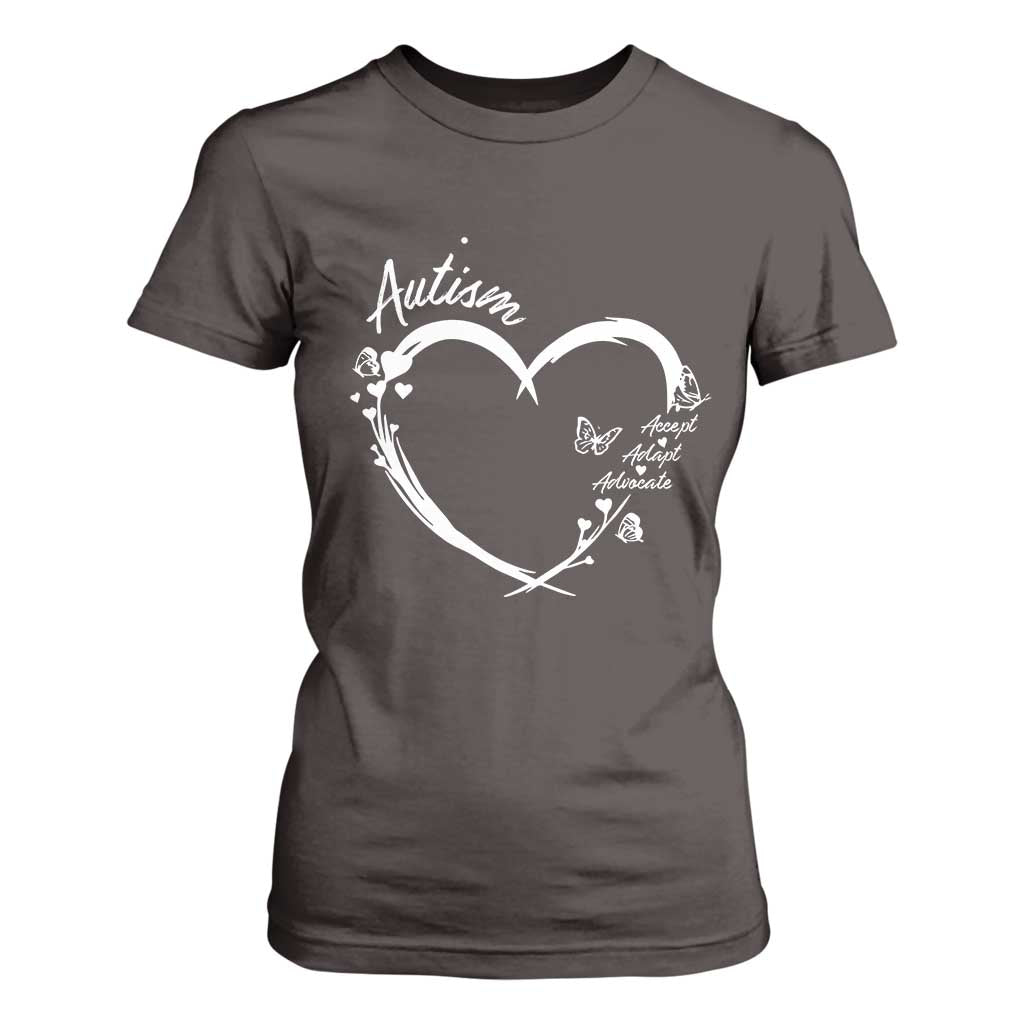 Autism Awareness Adaptation T Shirt For Women Accept Adapt Advocate Love Heart TS10 Dark Chocolate Print Your Wear