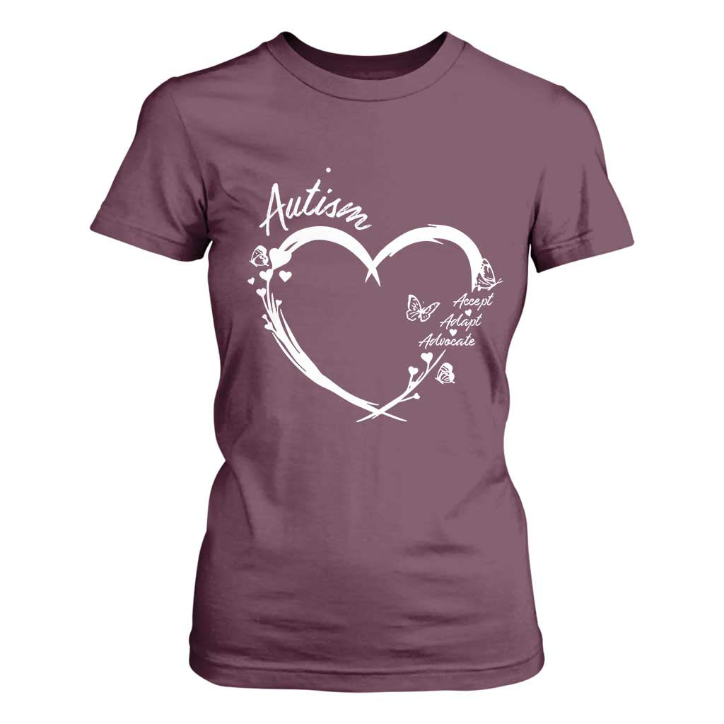 Autism Awareness Adaptation T Shirt For Women Accept Adapt Advocate Love Heart TS10 Maroon Print Your Wear