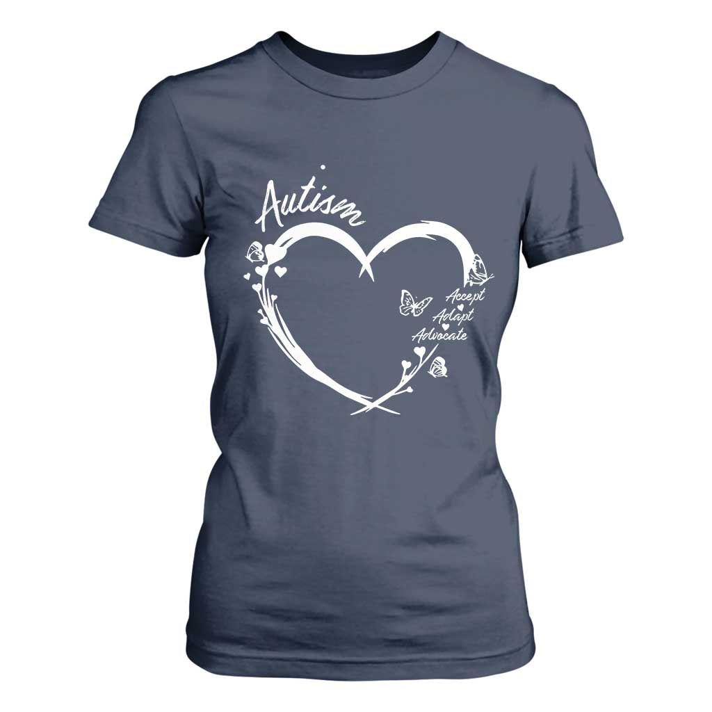 Autism Awareness Adaptation T Shirt For Women Accept Adapt Advocate Love Heart TS10 Navy Print Your Wear