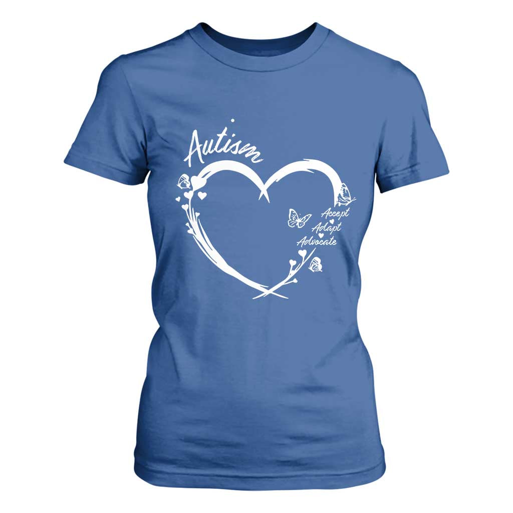 Autism Awareness Adaptation T Shirt For Women Accept Adapt Advocate Love Heart TS10 Royal Blue Print Your Wear