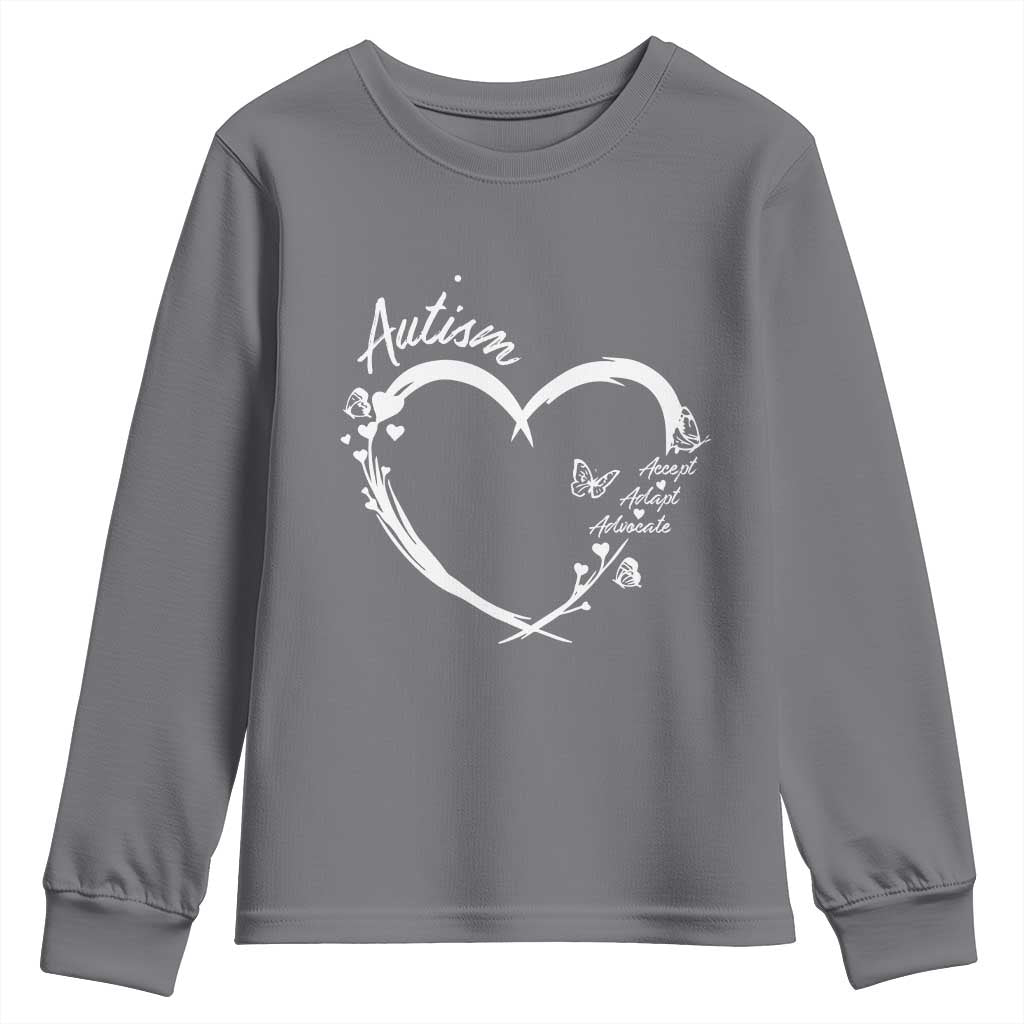 Autism Awareness Adaptation Youth Sweatshirt Accept Adapt Advocate Love Heart TS10 Charcoal Print Your Wear
