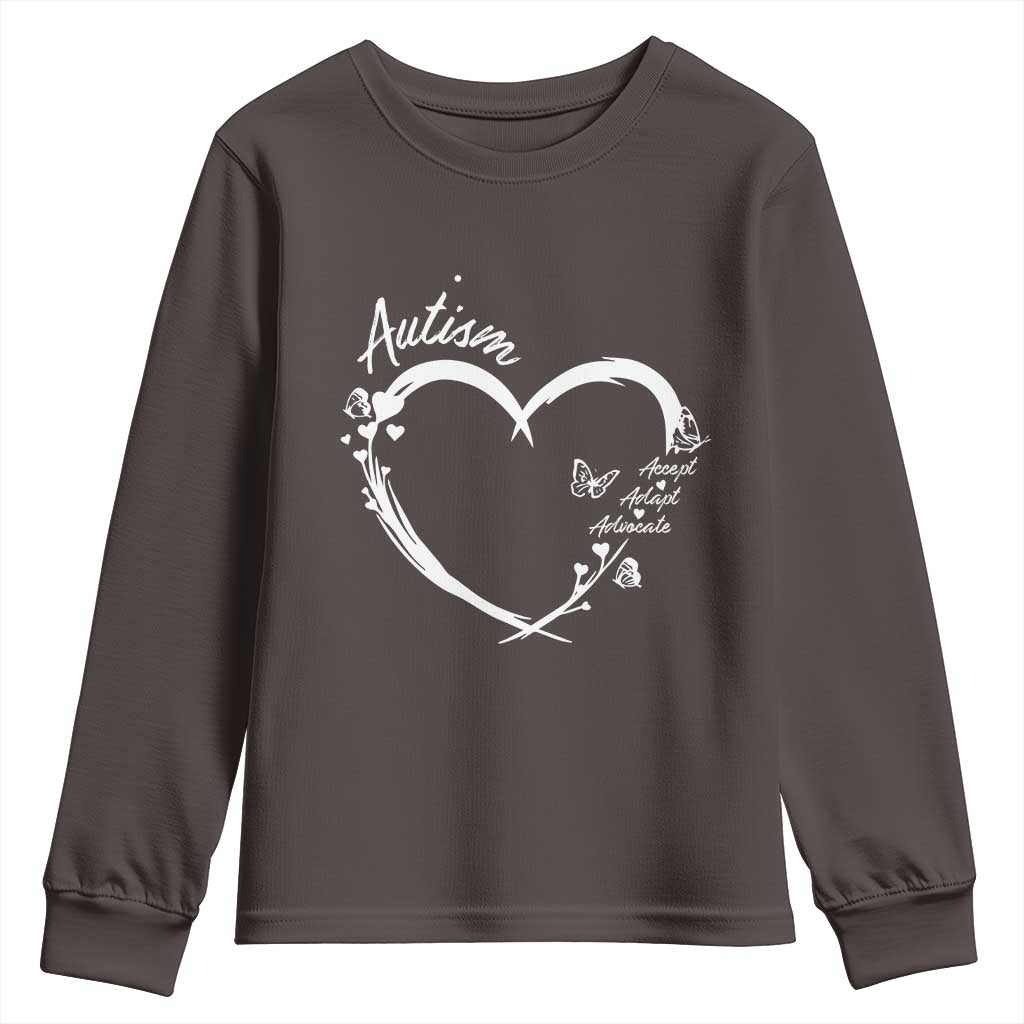 Autism Awareness Adaptation Youth Sweatshirt Accept Adapt Advocate Love Heart TS10 Dark Chocolate Print Your Wear
