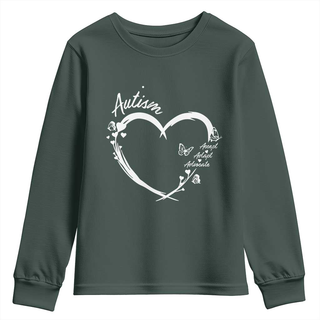 Autism Awareness Adaptation Youth Sweatshirt Accept Adapt Advocate Love Heart TS10 Dark Forest Green Print Your Wear