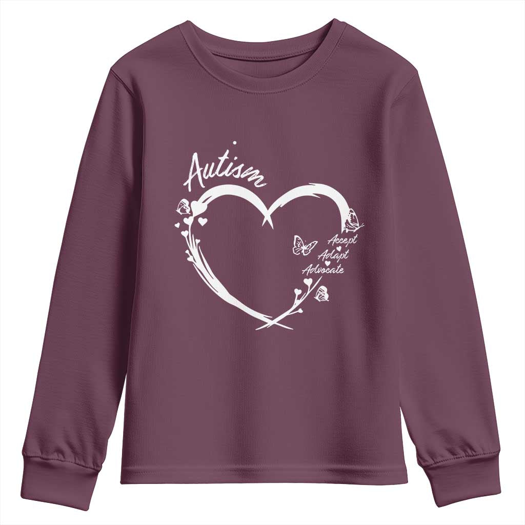 Autism Awareness Adaptation Youth Sweatshirt Accept Adapt Advocate Love Heart TS10 Maroon Print Your Wear