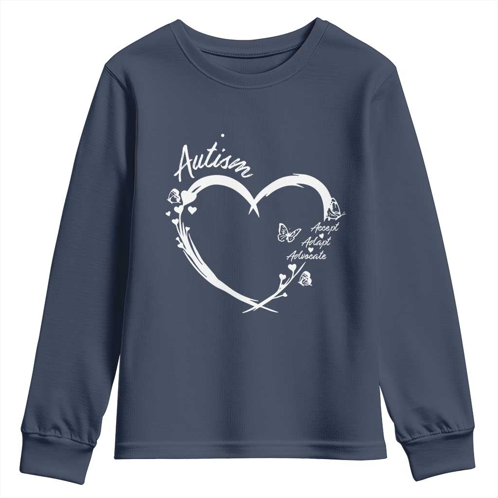 Autism Awareness Adaptation Youth Sweatshirt Accept Adapt Advocate Love Heart TS10 Navy Print Your Wear