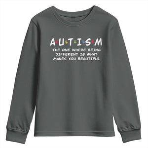 Friends Autism Youth Sweatshirt The One Where Being Different is What Makes You Beautiful TS10 Dark Heather Print Your Wear