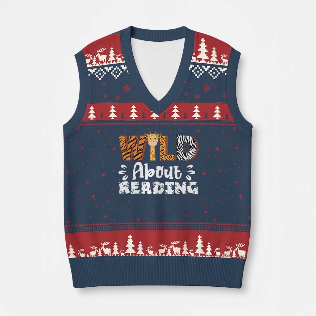 Wild About Reading V-Neck Knit Sweater Vest Cute Animal Print Reading Lover Kids Teachers TS10 Navy Red Print Your Wear