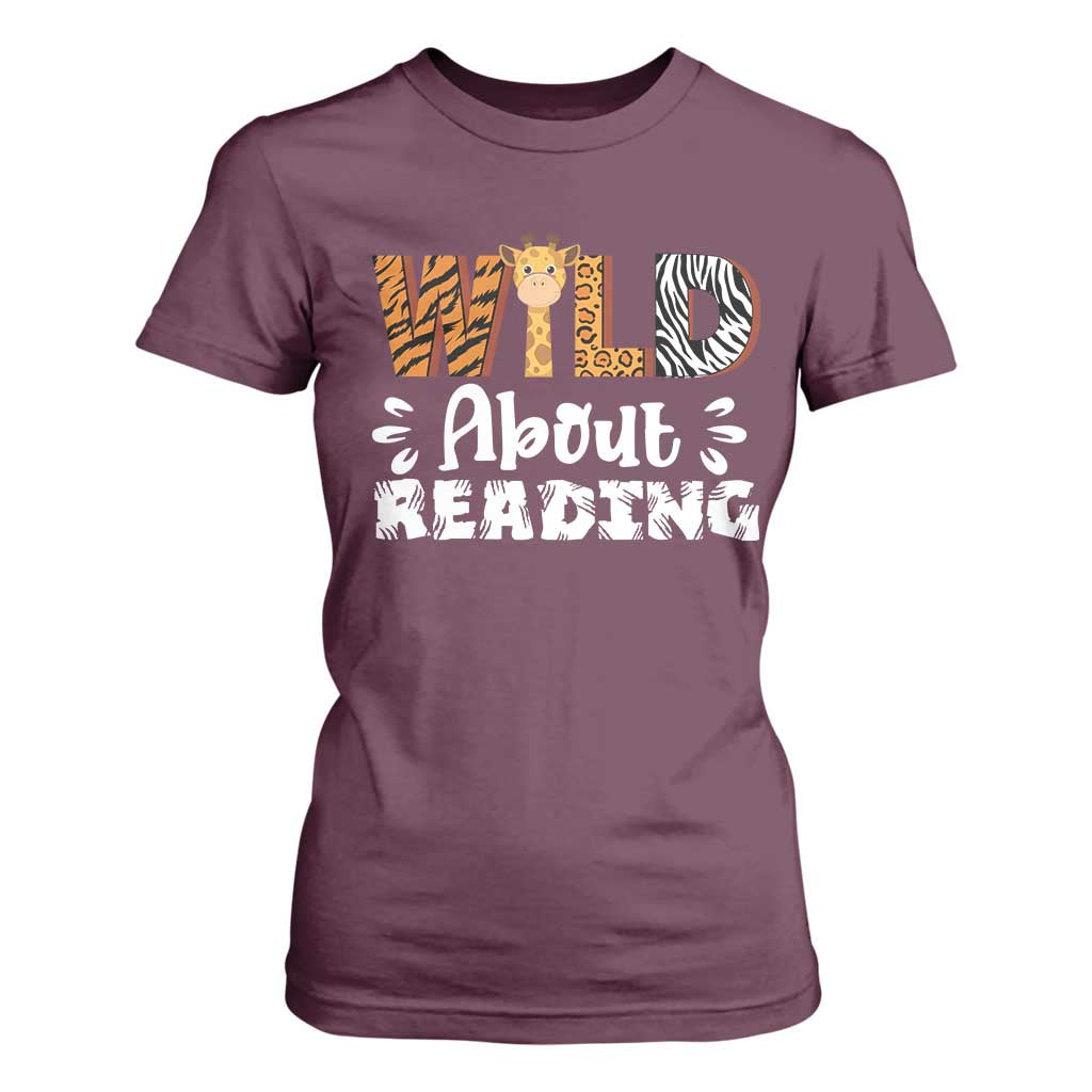 Wild About Reading T Shirt For Women Cute Animal Print Reading Lover Kids Teachers TS10 Maroon Print Your Wear