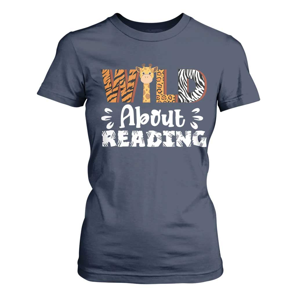 Wild About Reading T Shirt For Women Cute Animal Print Reading Lover Kids Teachers TS10 Navy Print Your Wear