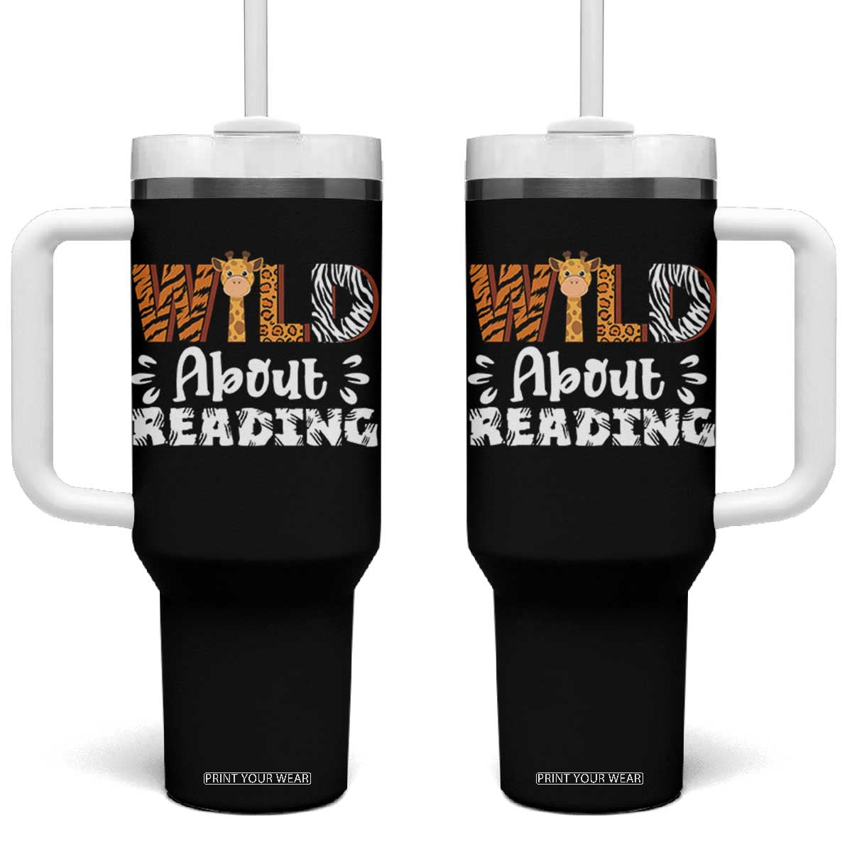 Wild About Reading Tumbler With Handle Cute Animal Print Reading Lover Kids Teachers TS10 One Size: 40 oz Black Print Your Wear