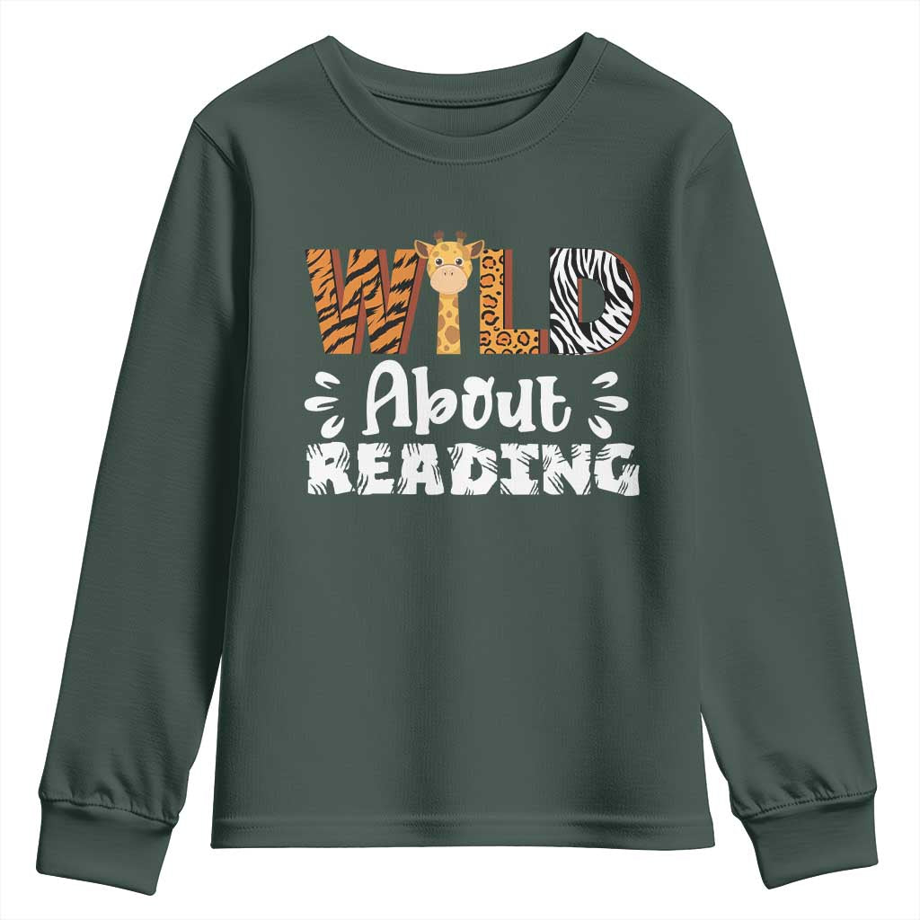 Wild About Reading Youth Sweatshirt Cute Animal Print Reading Lover Kids Teachers TS10 Dark Forest Green Print Your Wear